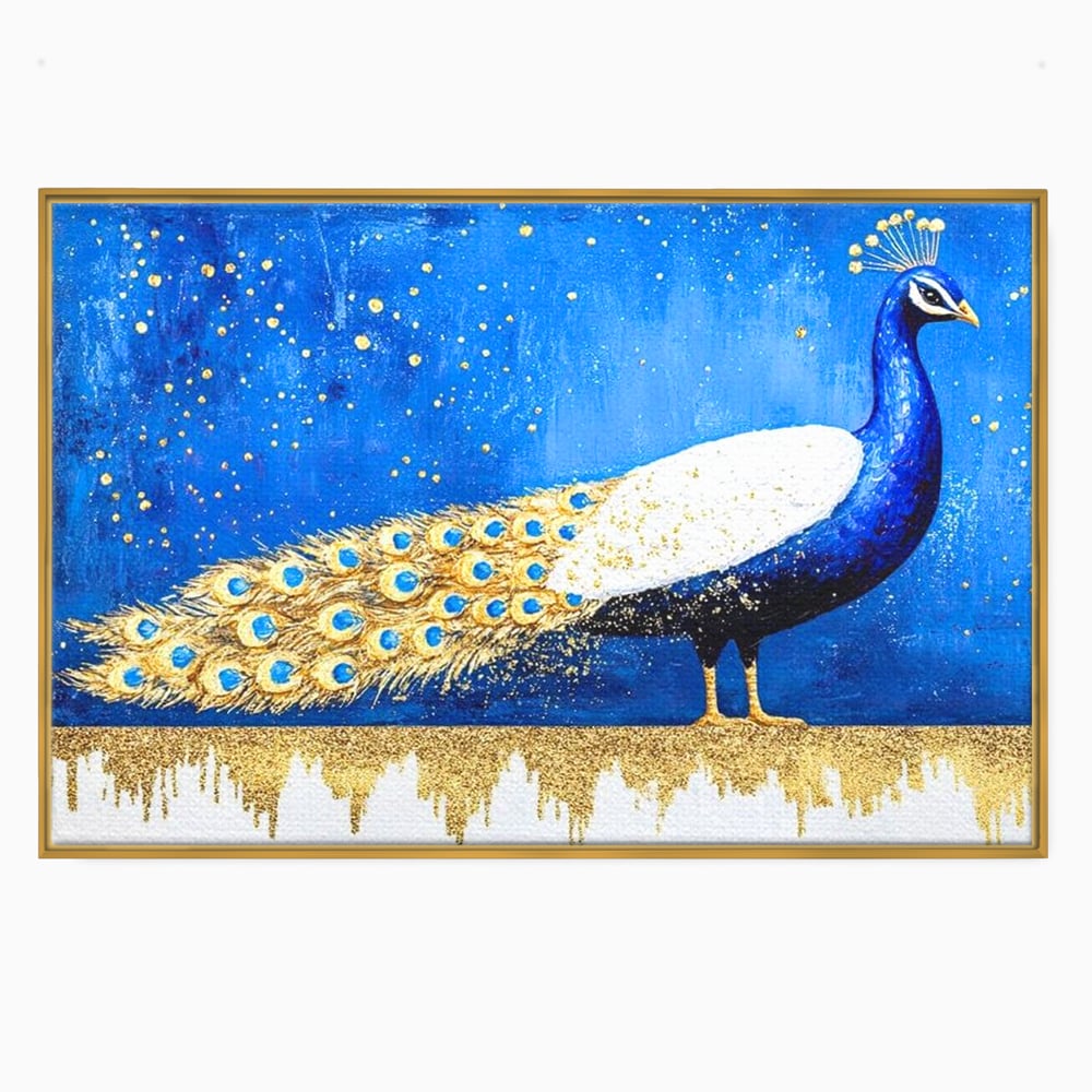 Leinwandbilder Premium, LuxCanva® M1410, Magnetismus Nachtaktiv, Pfau, Blau, Gold, Vogel, Federn, Schwanz, Elegant, Sublim, Sublim, Schimmernd, Traum, Gemälde, Büro, Wohnen, Kinderzimmer