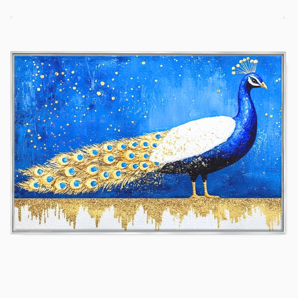 Leinwandbilder Premium, LuxCanva® M1410, Magnetismus Nachtaktiv, Pfau, Blau, Gold, Vogel, Federn, Schwanz, Elegant, Sublim, Sublim, Schimmernd, Traum, Gemälde, Büro, Wohnen, Kinderzimmer