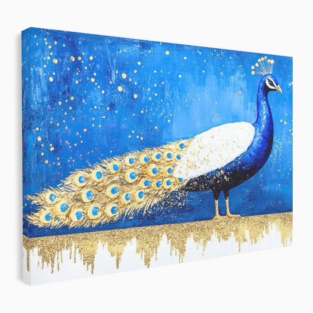 Leinwandbilder Premium, LuxCanva® M1410, Magnetismus Nachtaktiv, Pfau, Blau, Gold, Vogel, Federn, Schwanz, Elegant, Sublim, Sublim, Schimmernd, Traum, Gemälde, Büro, Wohnen, Kinderzimmer