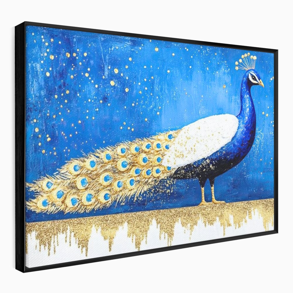 Leinwandbilder Premium, LuxCanva® M1410, Magnetismus Nachtaktiv, Pfau, Blau, Gold, Vogel, Federn, Schwanz, Elegant, Sublim, Sublim, Schimmernd, Traum, Gemälde, Büro, Wohnen, Kinderzimmer