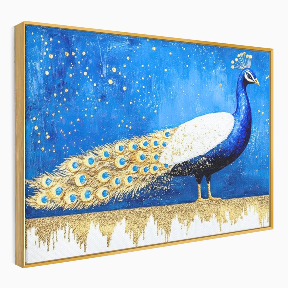 Leinwandbilder Premium, LuxCanva® M1410, Magnetismus Nachtaktiv, Pfau, Blau, Gold, Vogel, Federn, Schwanz, Elegant, Sublim, Sublim, Schimmernd, Traum, Gemälde, Büro, Wohnen, Kinderzimmer