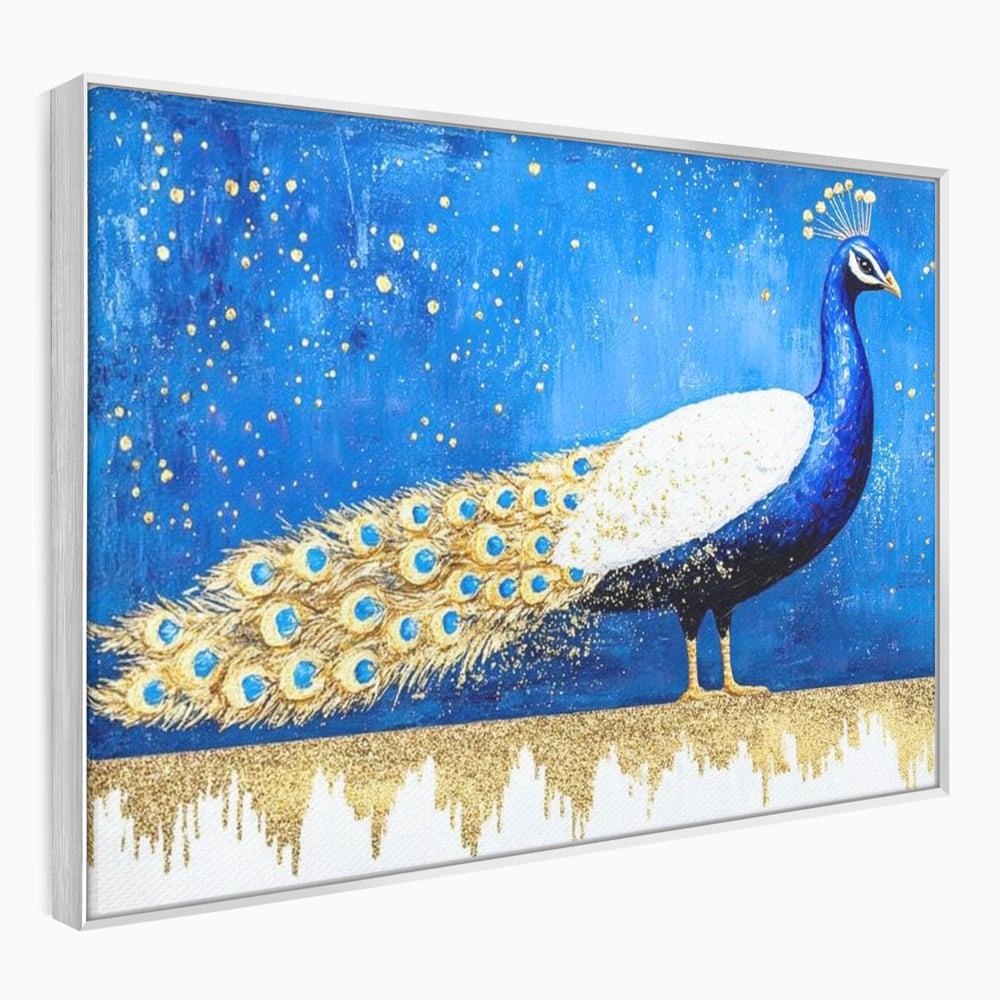 Leinwandbilder Premium, LuxCanva® M1410, Magnetismus Nachtaktiv, Pfau, Blau, Gold, Vogel, Federn, Schwanz, Elegant, Sublim, Sublim, Schimmernd, Traum, Gemälde, Büro, Wohnen, Kinderzimmer