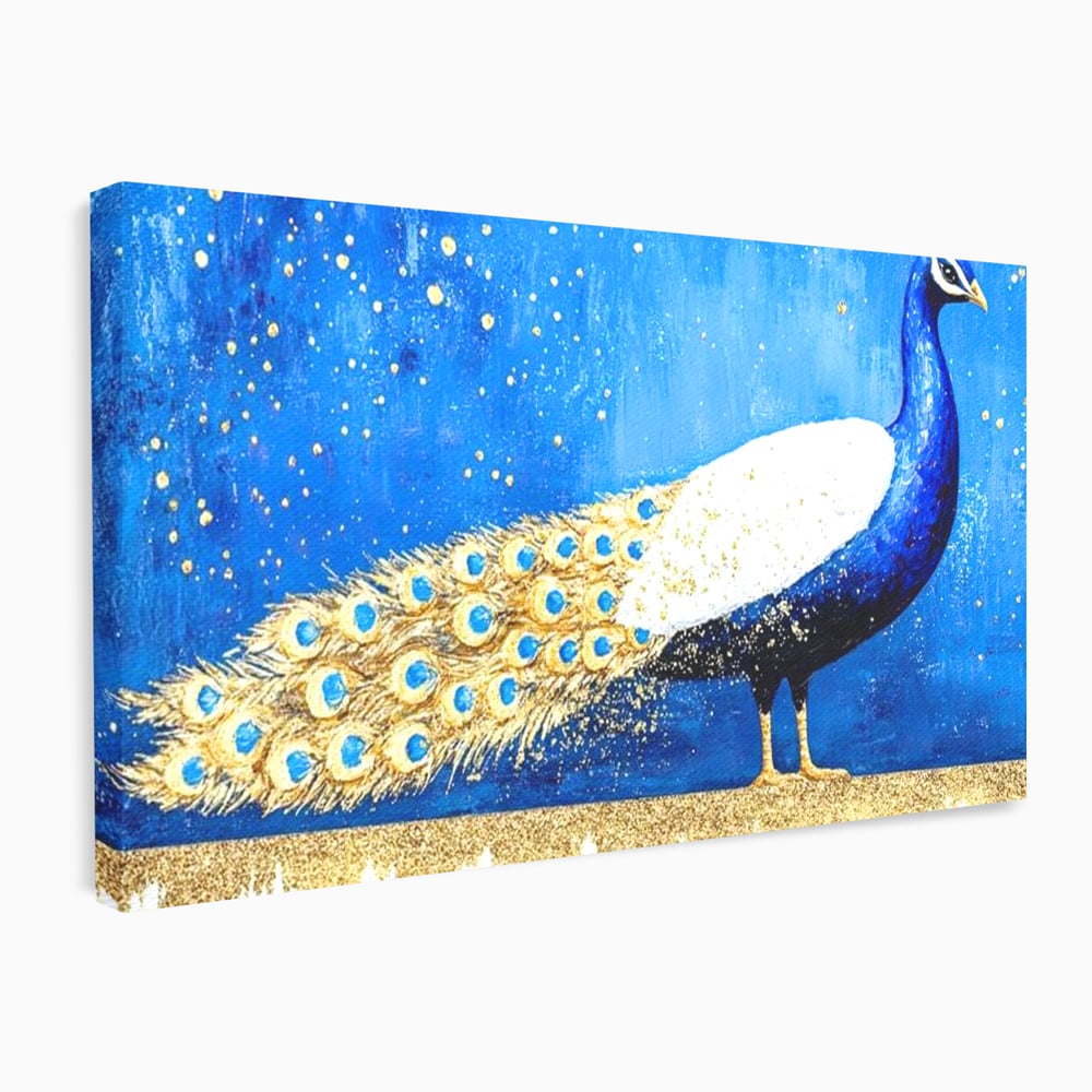 Leinwandbilder Premium, LuxCanva® M1410, Magnetismus Nachtaktiv, Pfau, Blau, Gold, Vogel, Federn, Schwanz, Elegant, Sublim, Sublim, Schimmernd, Traum, Gemälde, Büro, Wohnen, Kinderzimmer