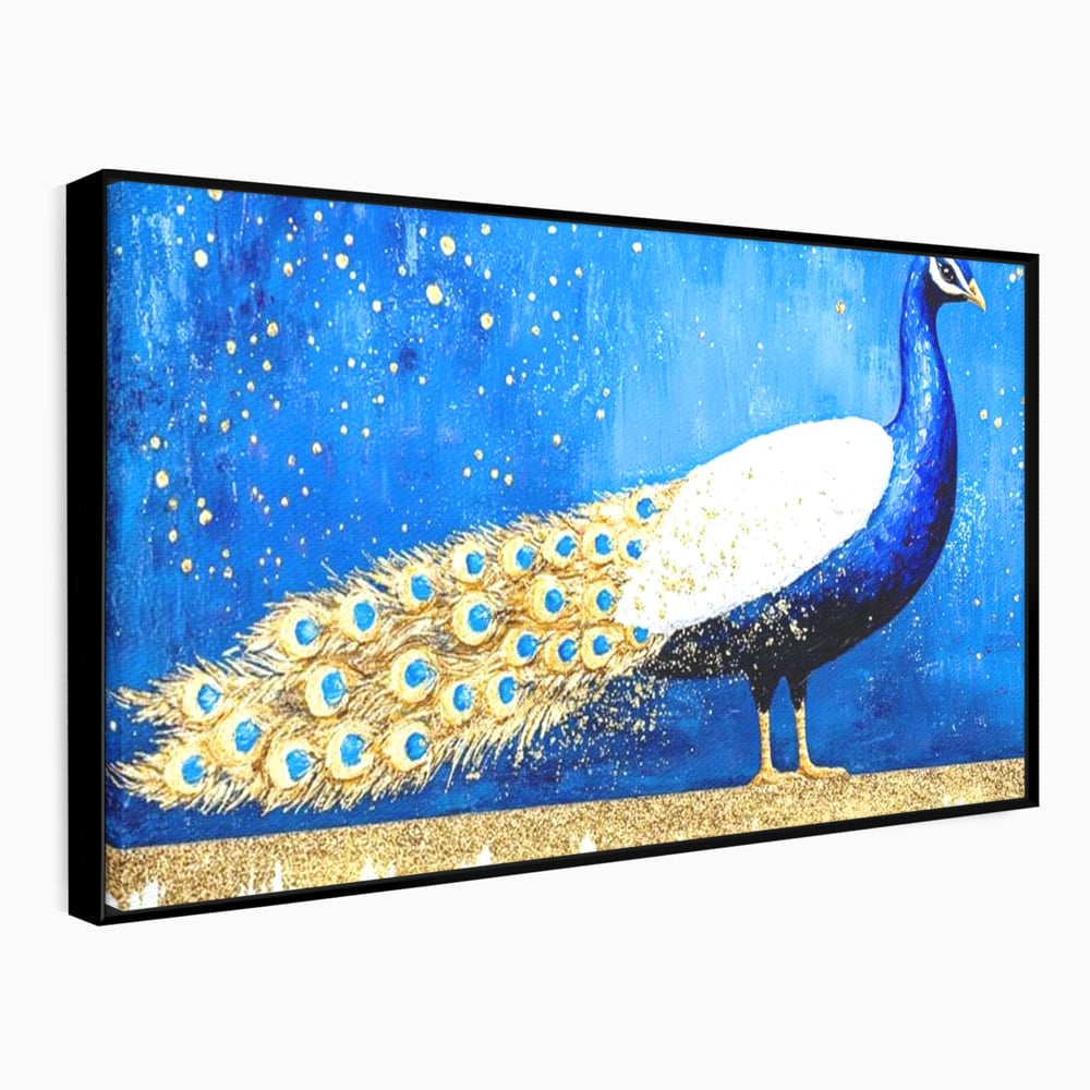 Leinwandbilder Premium, LuxCanva® M1410, Magnetismus Nachtaktiv, Pfau, Blau, Gold, Vogel, Federn, Schwanz, Elegant, Sublim, Sublim, Schimmernd, Traum, Gemälde, Büro, Wohnen, Kinderzimmer