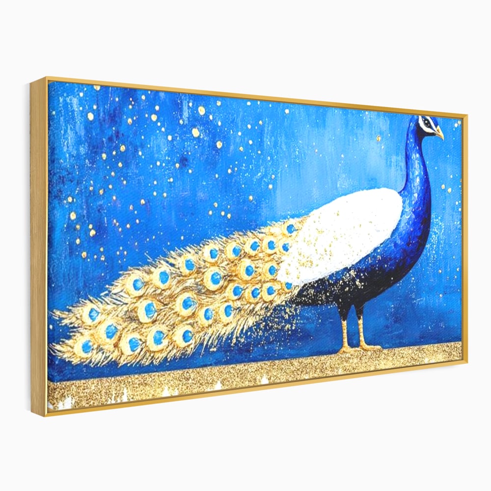 Leinwandbilder Premium, LuxCanva® M1410, Magnetismus Nachtaktiv, Pfau, Blau, Gold, Vogel, Federn, Schwanz, Elegant, Sublim, Sublim, Schimmernd, Traum, Gemälde, Büro, Wohnen, Kinderzimmer