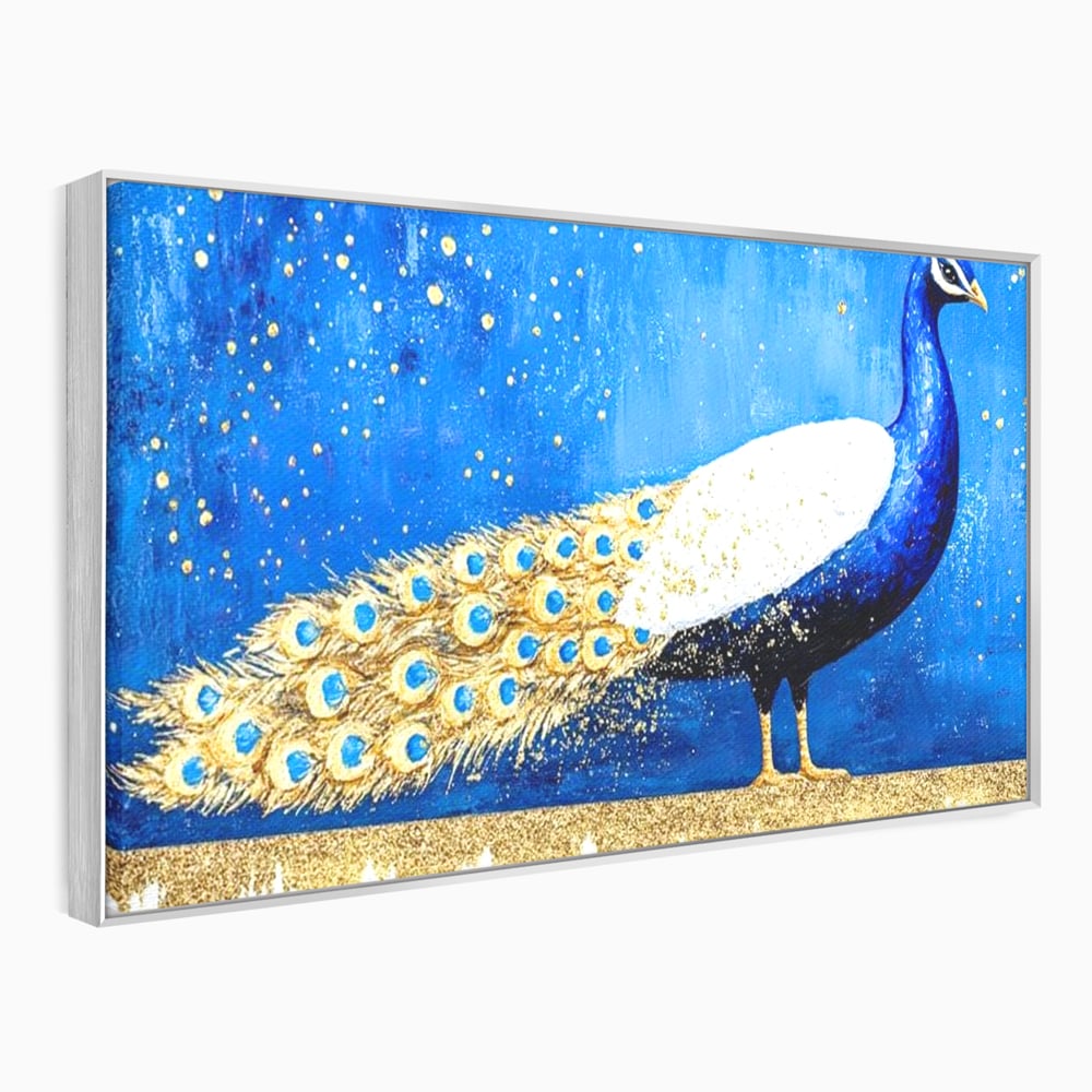 Leinwandbilder Premium, LuxCanva® M1410, Magnetismus Nachtaktiv, Pfau, Blau, Gold, Vogel, Federn, Schwanz, Elegant, Sublim, Sublim, Schimmernd, Traum, Gemälde, Büro, Wohnen, Kinderzimmer