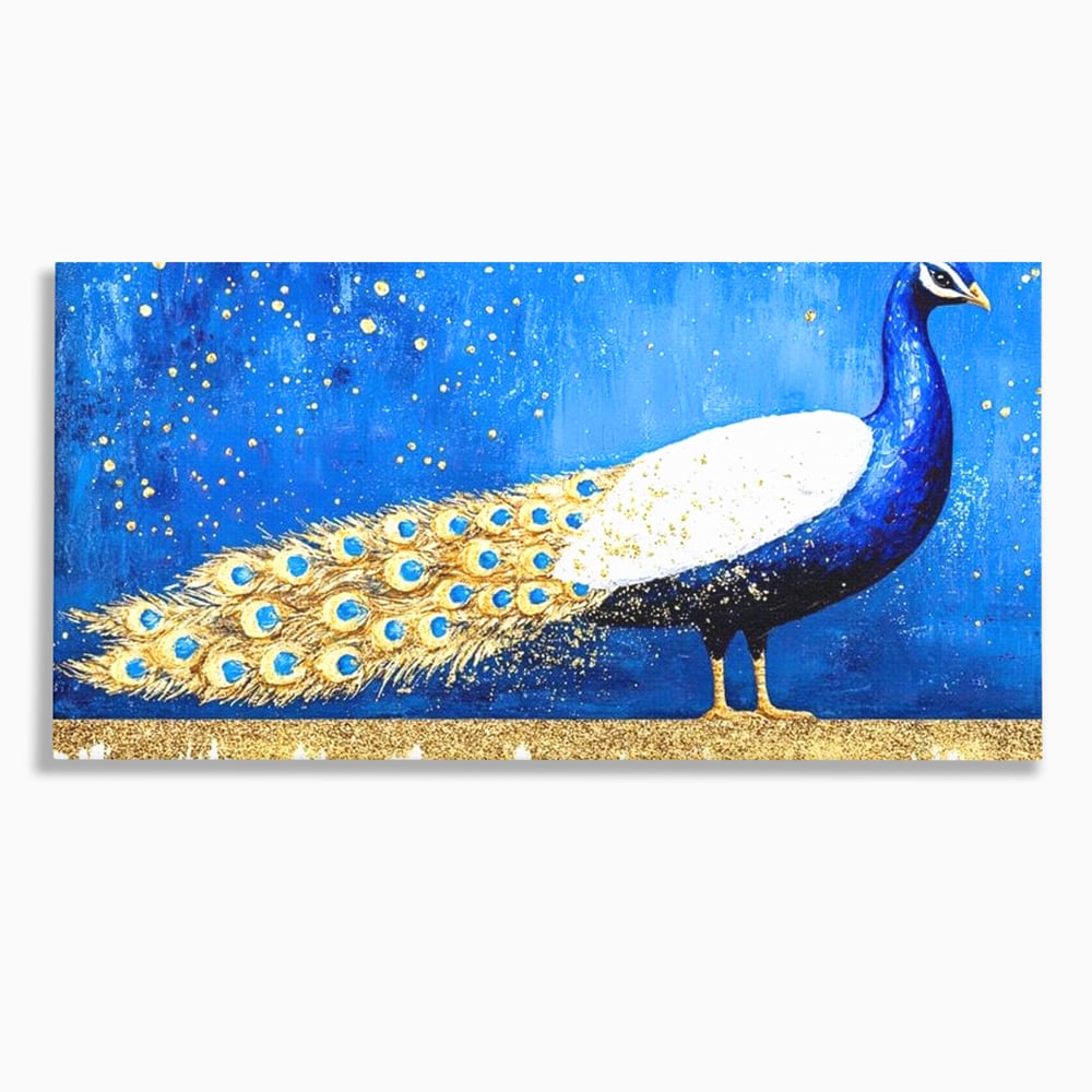 Leinwandbilder Premium, LuxCanva® M1410, Magnetismus Nachtaktiv, Pfau, Blau, Gold, Vogel, Federn, Schwanz, Elegant, Sublim, Sublim, Schimmernd, Traum, Gemälde, Büro, Wohnen, Kinderzimmer