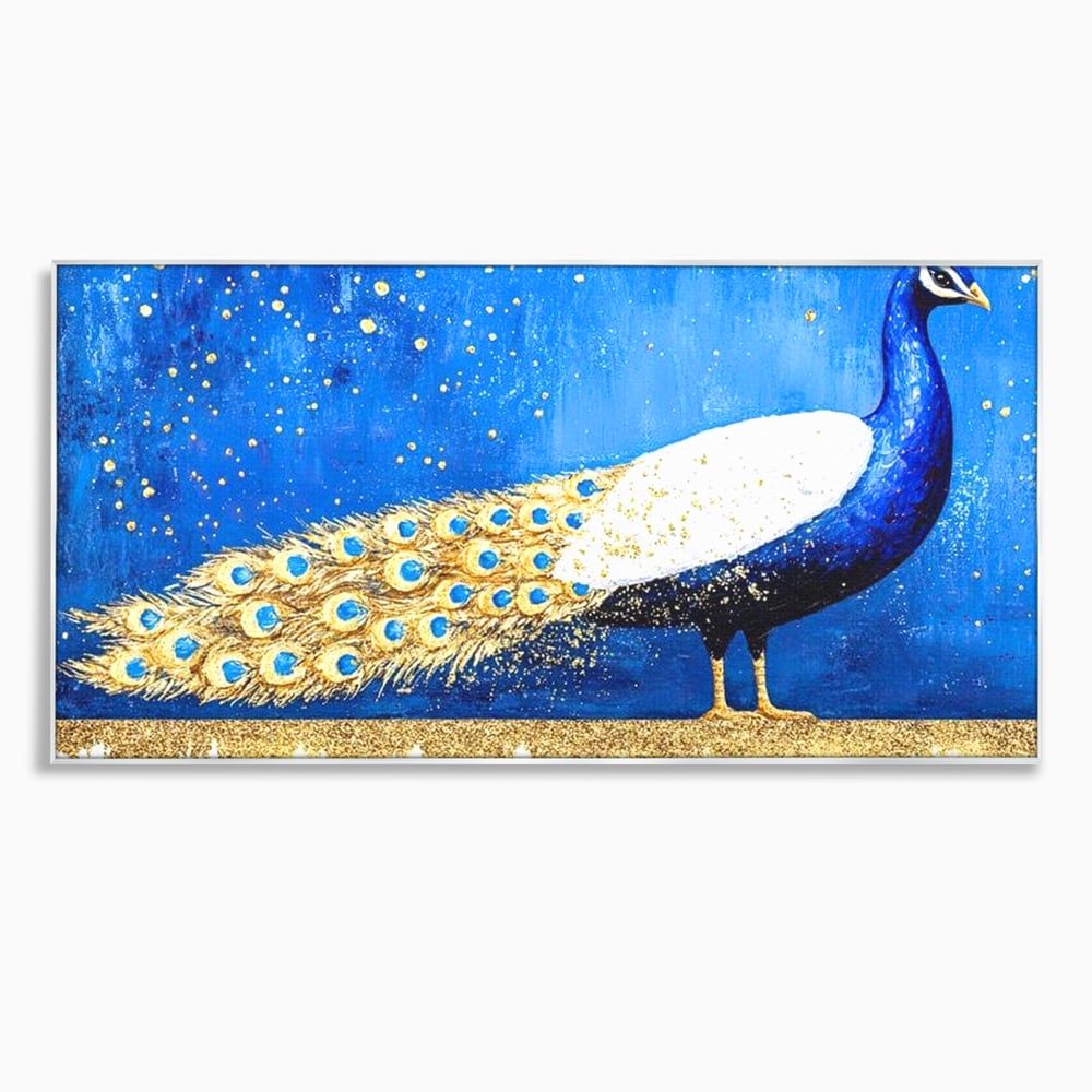 Leinwandbilder Premium, LuxCanva® M1410, Magnetismus Nachtaktiv, Pfau, Blau, Gold, Vogel, Federn, Schwanz, Elegant, Sublim, Sublim, Schimmernd, Traum, Gemälde, Büro, Wohnen, Kinderzimmer