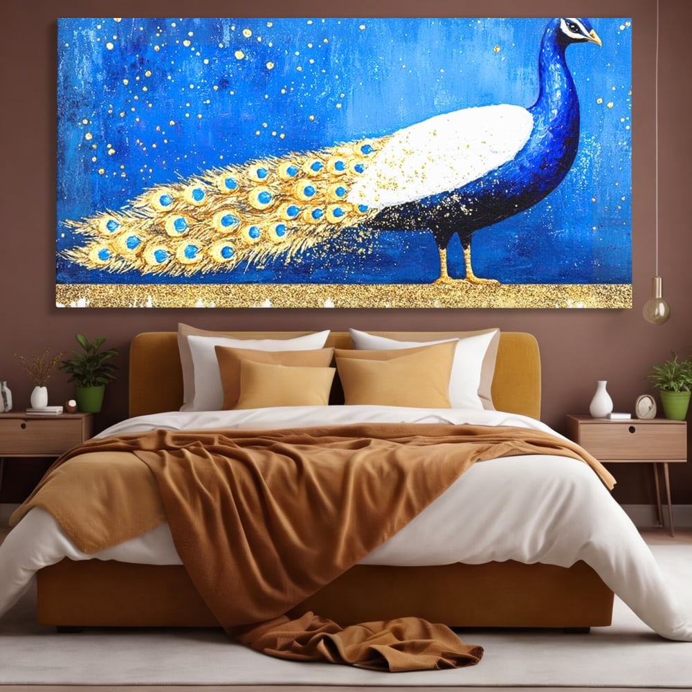 Leinwandbilder Premium, LuxCanva® M1410, Magnetismus Nachtaktiv, Pfau, Blau, Gold, Vogel, Federn, Schwanz, Elegant, Sublim, Sublim, Schimmernd, Traum, Gemälde, Büro, Wohnen, Kinderzimmer