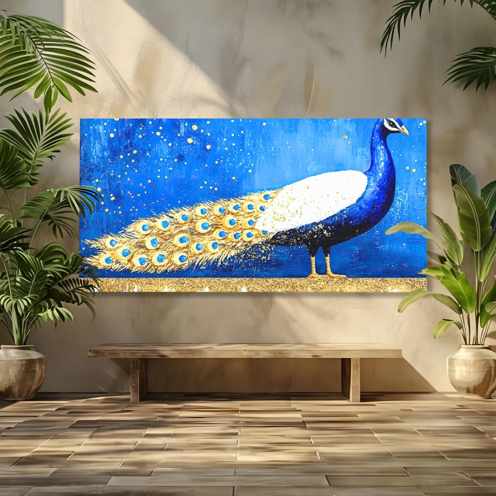 Leinwandbilder Premium, LuxCanva® M1410, Magnetismus Nachtaktiv, Pfau, Blau, Gold, Vogel, Federn, Schwanz, Elegant, Sublim, Sublim, Schimmernd, Traum, Gemälde, Büro, Wohnen, Kinderzimmer