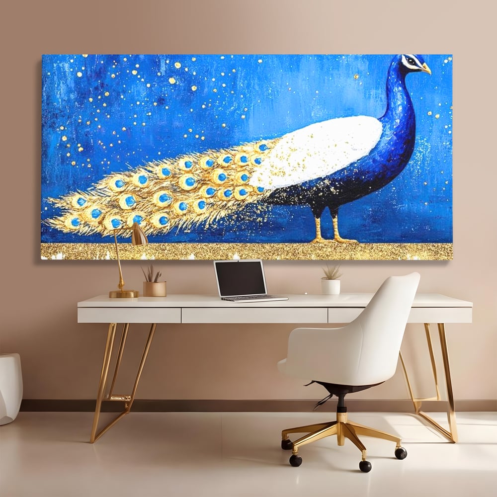 Leinwandbilder Premium, LuxCanva® M1410, Magnetismus Nachtaktiv, Pfau, Blau, Gold, Vogel, Federn, Schwanz, Elegant, Sublim, Sublim, Schimmernd, Traum, Gemälde, Büro, Wohnen, Kinderzimmer