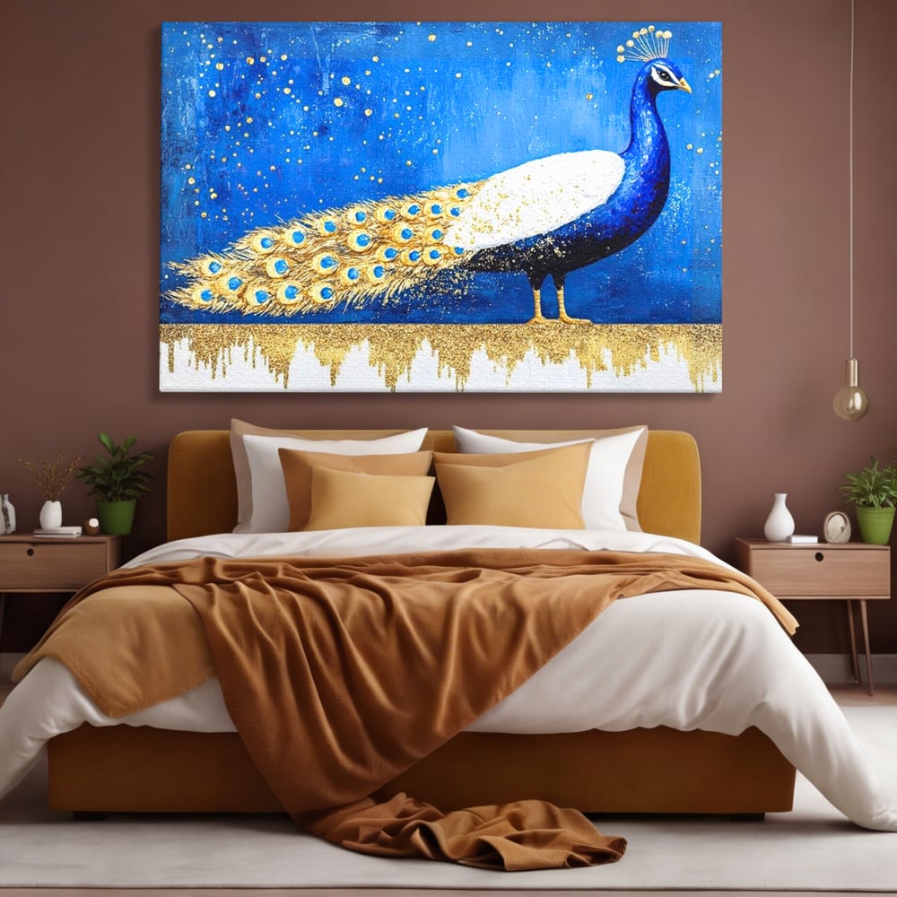 Leinwandbilder Premium, LuxCanva® M1410, Magnetismus Nachtaktiv, Pfau, Blau, Gold, Vogel, Federn, Schwanz, Elegant, Sublim, Sublim, Schimmernd, Traum, Gemälde, Büro, Wohnen, Kinderzimmer