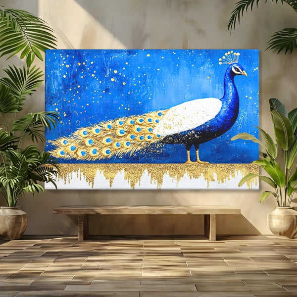 Leinwandbilder Premium, LuxCanva® M1410, Magnetismus Nachtaktiv, Pfau, Blau, Gold, Vogel, Federn, Schwanz, Elegant, Sublim, Sublim, Schimmernd, Traum, Gemälde, Büro, Wohnen, Kinderzimmer