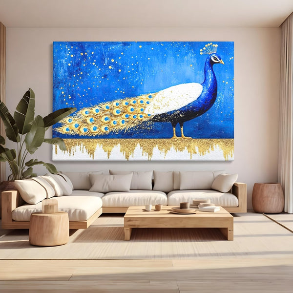Leinwandbilder Premium, LuxCanva® M1410, Magnetismus Nachtaktiv, Pfau, Blau, Gold, Vogel, Federn, Schwanz, Elegant, Sublim, Sublim, Schimmernd, Traum, Gemälde, Büro, Wohnen, Kinderzimmer