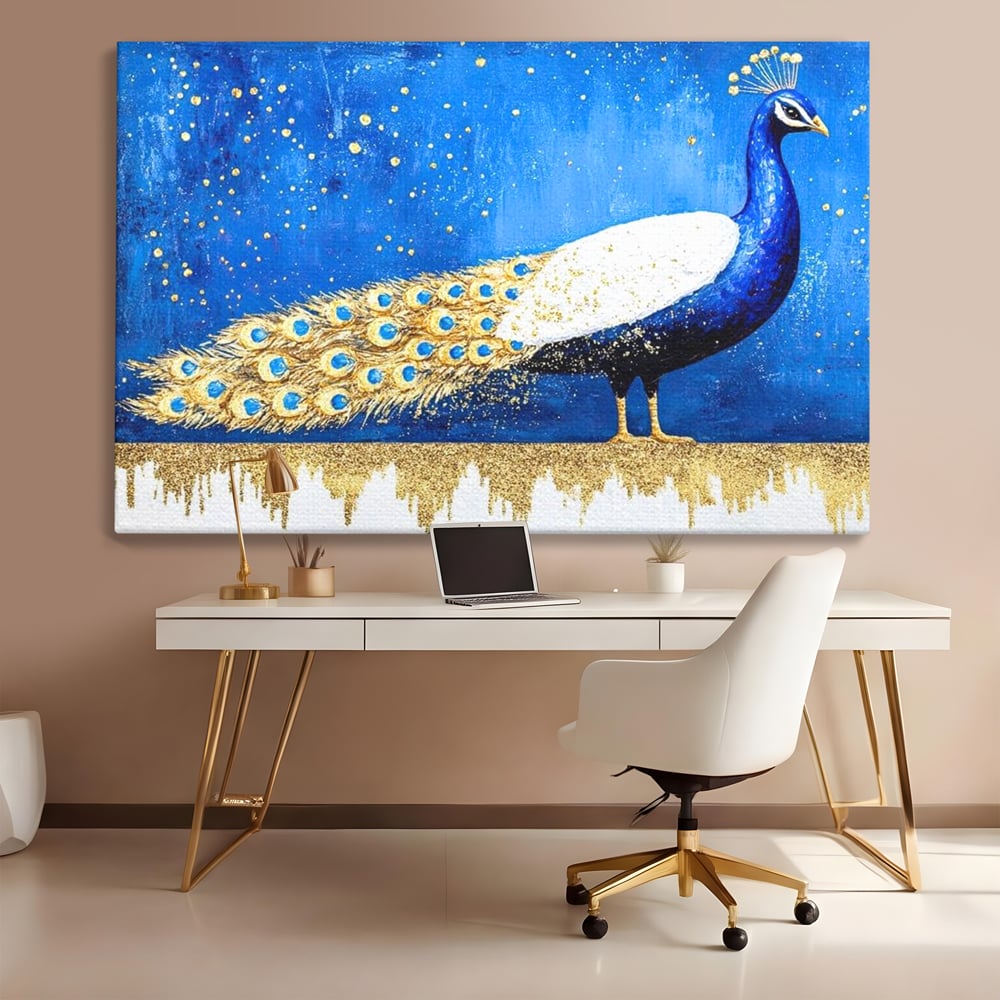 Leinwandbilder Premium, LuxCanva® M1410, Magnetismus Nachtaktiv, Pfau, Blau, Gold, Vogel, Federn, Schwanz, Elegant, Sublim, Sublim, Schimmernd, Traum, Gemälde, Büro, Wohnen, Kinderzimmer
