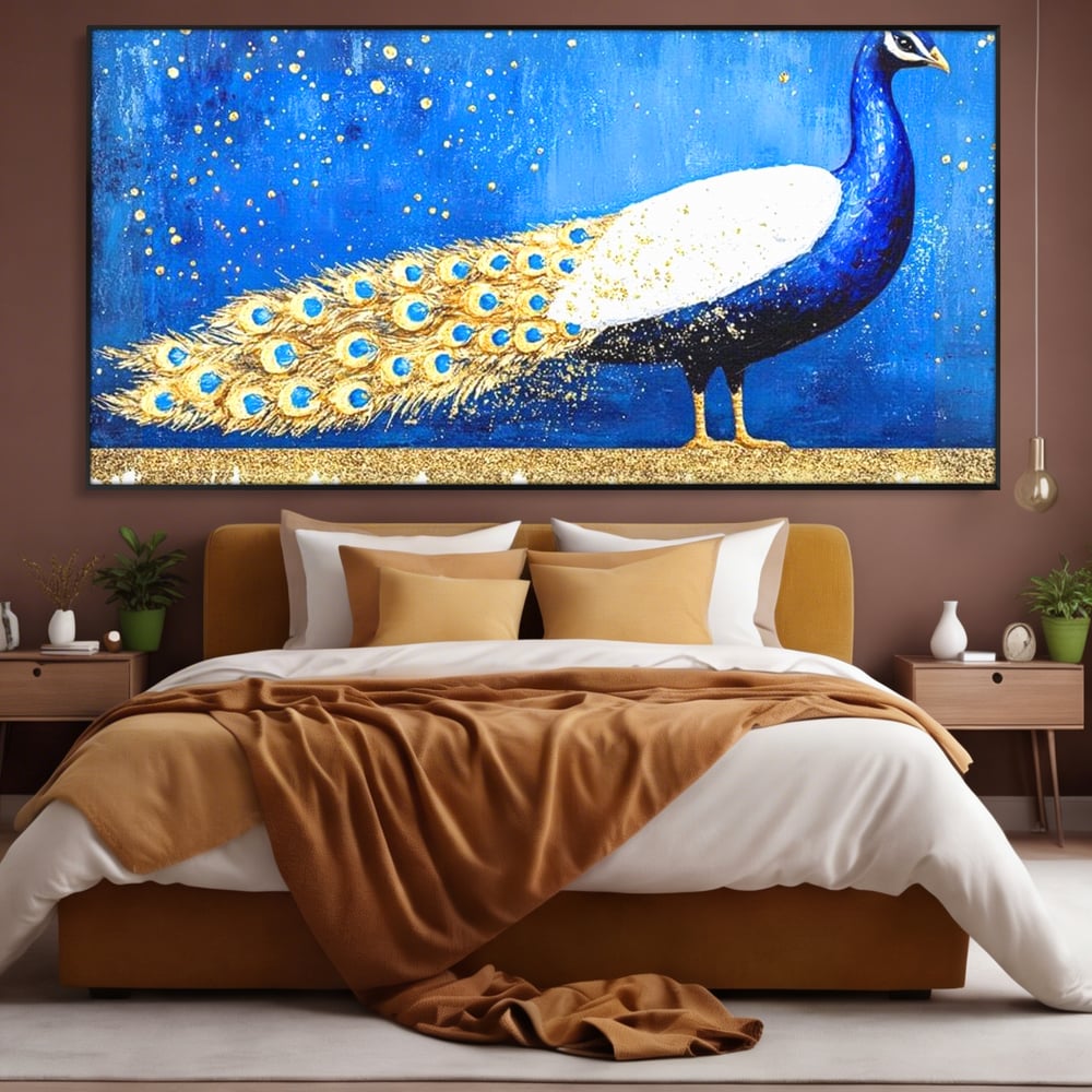 Leinwandbilder Premium, LuxCanva® M1410, Magnetismus Nachtaktiv, Pfau, Blau, Gold, Vogel, Federn, Schwanz, Elegant, Sublim, Sublim, Schimmernd, Traum, Gemälde, Büro, Wohnen, Kinderzimmer
