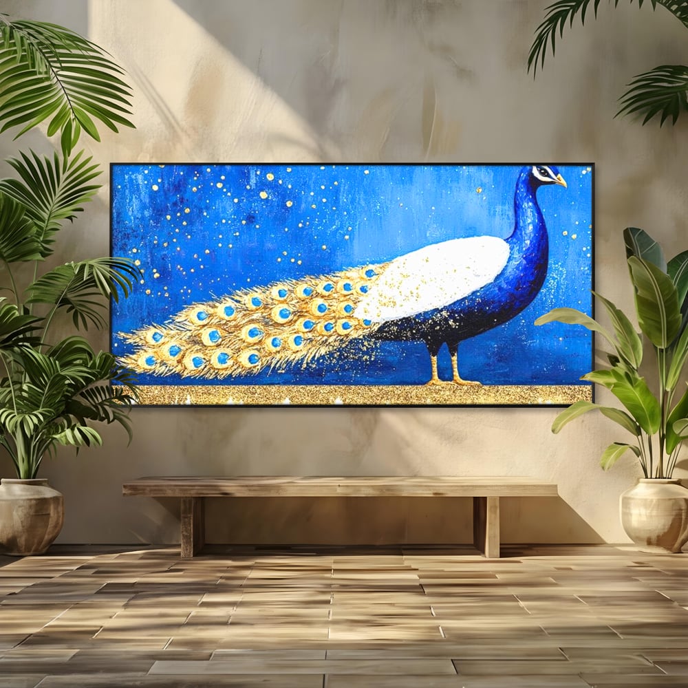 Leinwandbilder Premium, LuxCanva® M1410, Magnetismus Nachtaktiv, Pfau, Blau, Gold, Vogel, Federn, Schwanz, Elegant, Sublim, Sublim, Schimmernd, Traum, Gemälde, Büro, Wohnen, Kinderzimmer