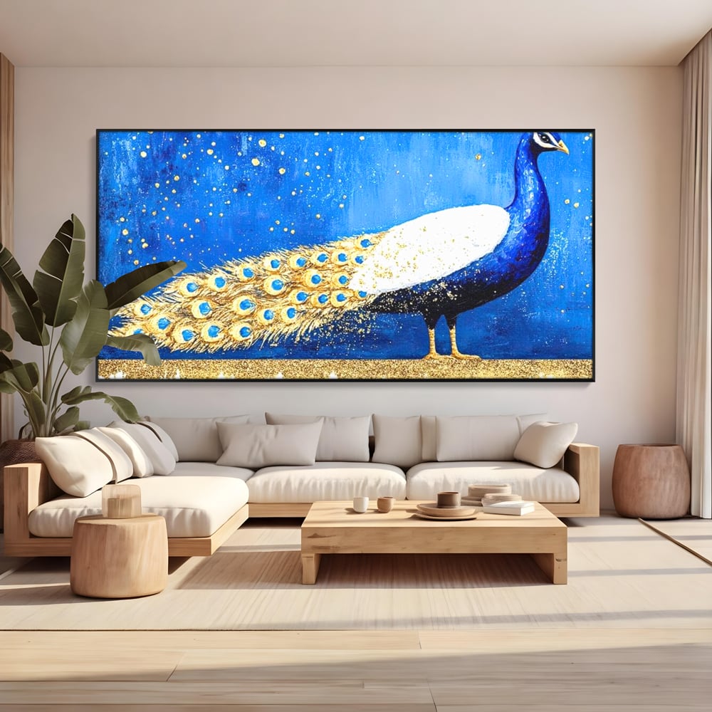 Leinwandbilder Premium, LuxCanva® M1410, Magnetismus Nachtaktiv, Pfau, Blau, Gold, Vogel, Federn, Schwanz, Elegant, Sublim, Sublim, Schimmernd, Traum, Gemälde, Büro, Wohnen, Kinderzimmer