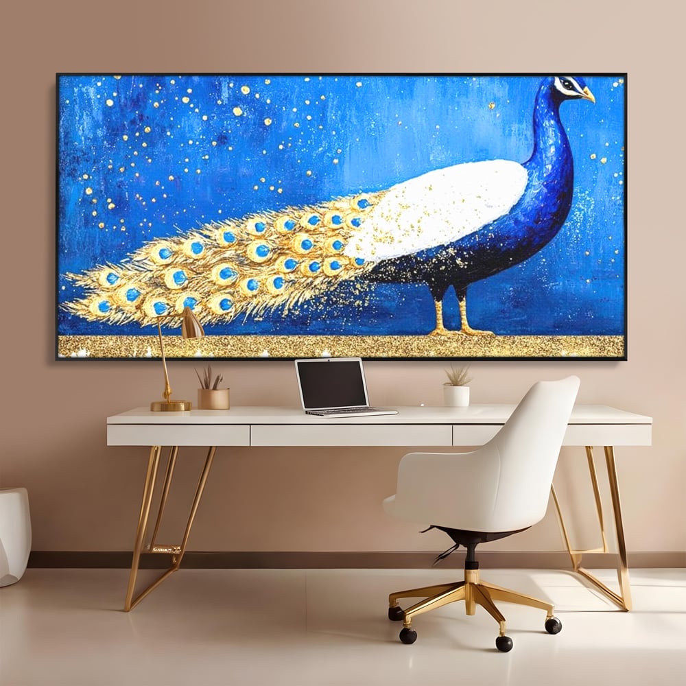 Leinwandbilder Premium, LuxCanva® M1410, Magnetismus Nachtaktiv, Pfau, Blau, Gold, Vogel, Federn, Schwanz, Elegant, Sublim, Sublim, Schimmernd, Traum, Gemälde, Büro, Wohnen, Kinderzimmer