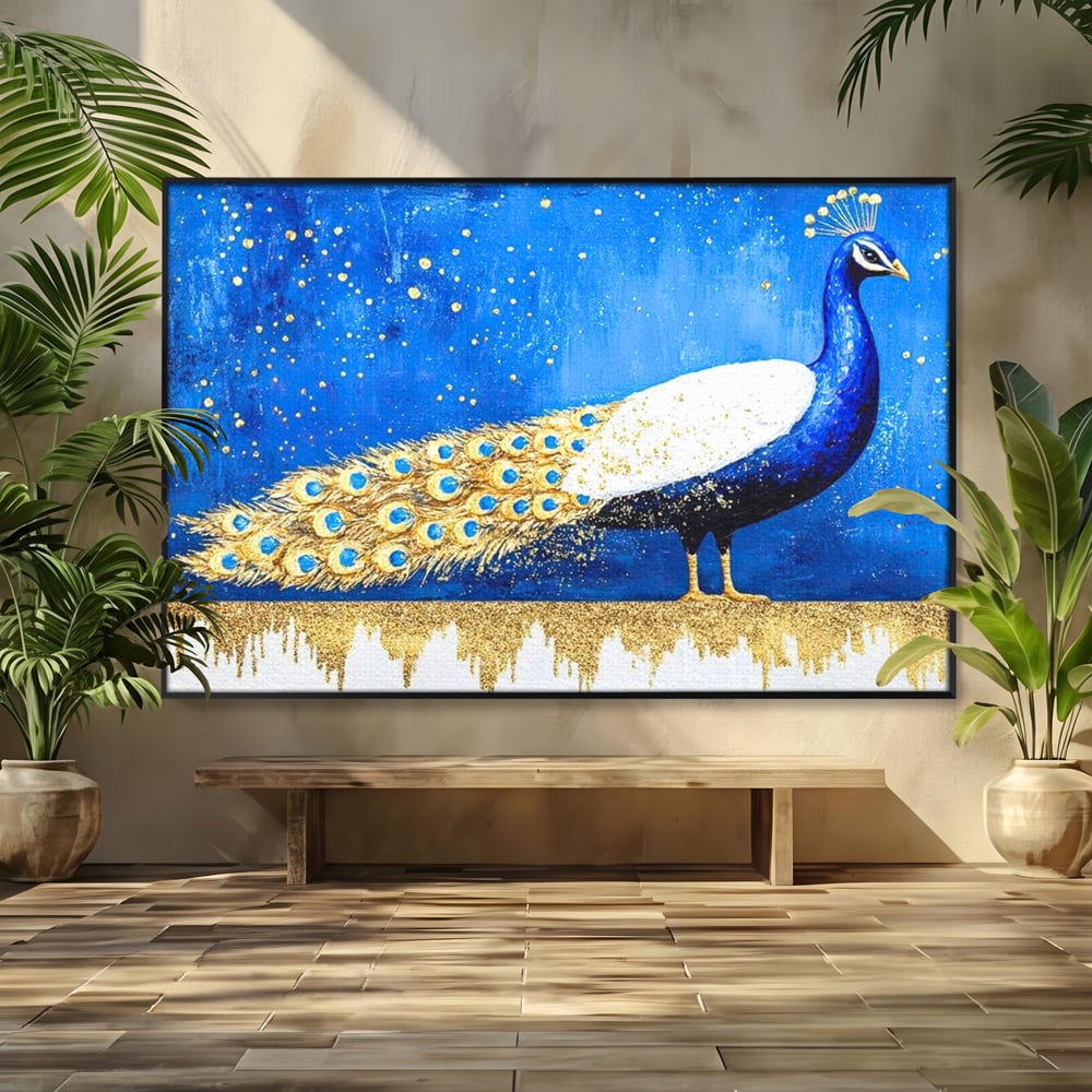 Leinwandbilder Premium, LuxCanva® M1410, Magnetismus Nachtaktiv, Pfau, Blau, Gold, Vogel, Federn, Schwanz, Elegant, Sublim, Sublim, Schimmernd, Traum, Gemälde, Büro, Wohnen, Kinderzimmer