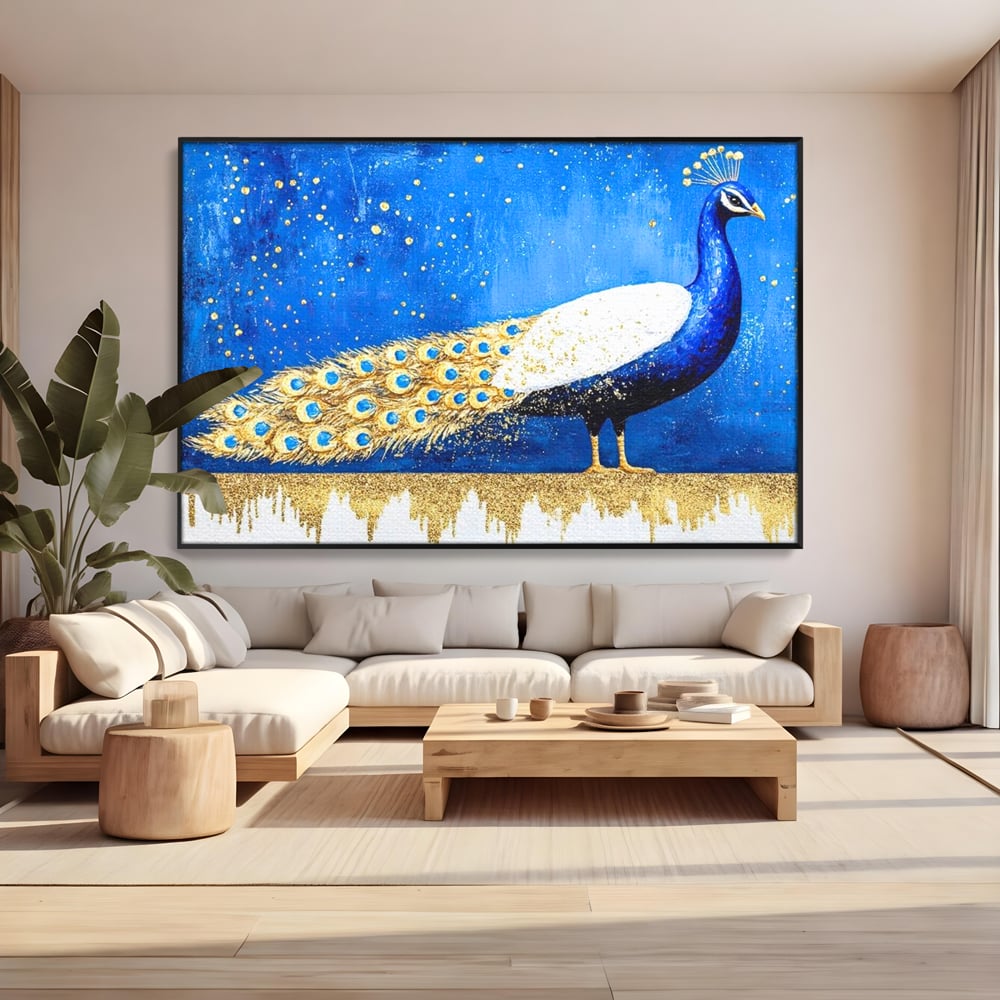 Leinwandbilder Premium, LuxCanva® M1410, Magnetismus Nachtaktiv, Pfau, Blau, Gold, Vogel, Federn, Schwanz, Elegant, Sublim, Sublim, Schimmernd, Traum, Gemälde, Büro, Wohnen, Kinderzimmer