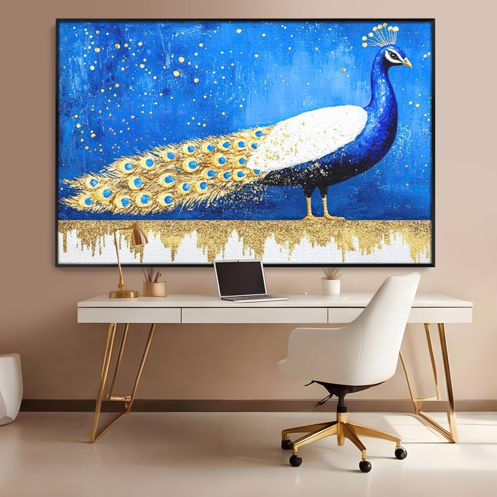 Leinwandbilder Premium, LuxCanva® M1410, Magnetismus Nachtaktiv, Pfau, Blau, Gold, Vogel, Federn, Schwanz, Elegant, Sublim, Sublim, Schimmernd, Traum, Gemälde, Büro, Wohnen, Kinderzimmer