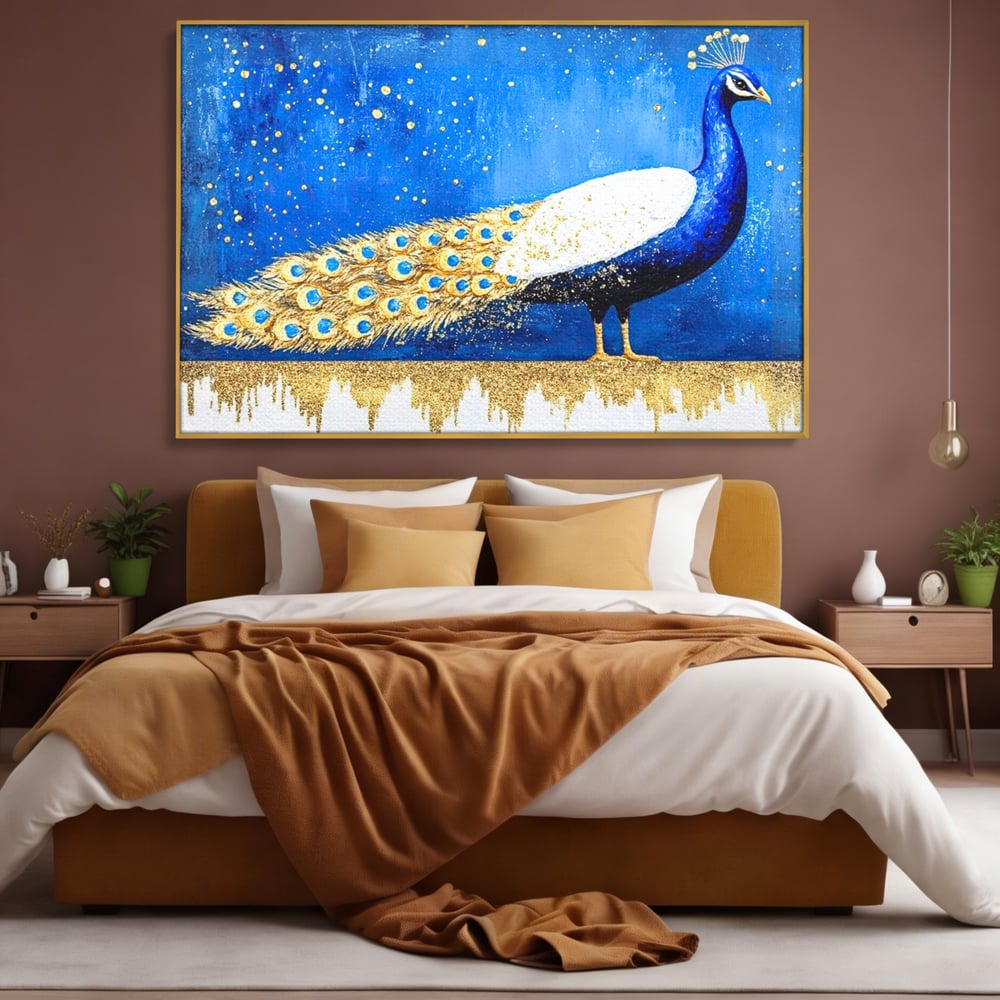 Leinwandbilder Premium, LuxCanva® M1410, Magnetismus Nachtaktiv, Pfau, Blau, Gold, Vogel, Federn, Schwanz, Elegant, Sublim, Sublim, Schimmernd, Traum, Gemälde, Büro, Wohnen, Kinderzimmer