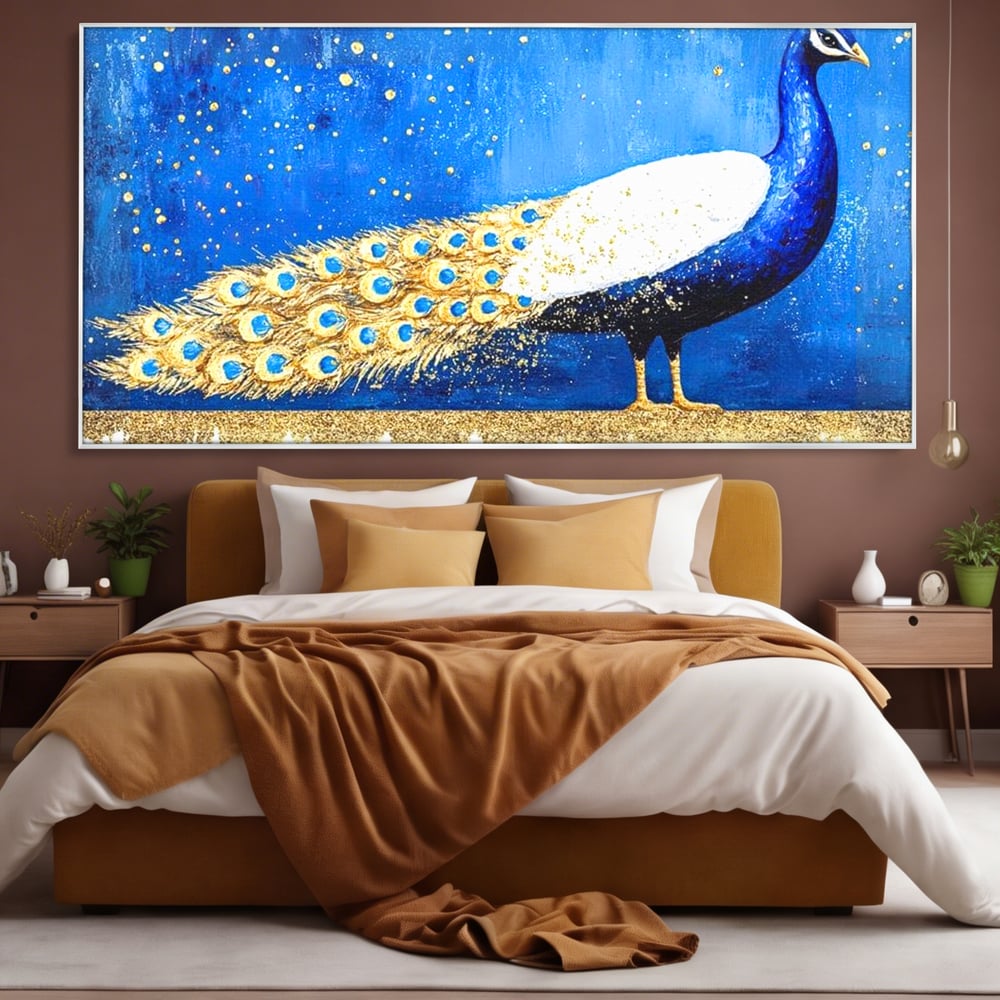 Leinwandbilder Premium, LuxCanva® M1410, Magnetismus Nachtaktiv, Pfau, Blau, Gold, Vogel, Federn, Schwanz, Elegant, Sublim, Sublim, Schimmernd, Traum, Gemälde, Büro, Wohnen, Kinderzimmer