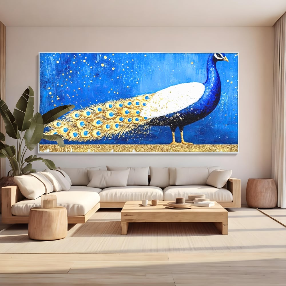 Leinwandbilder Premium, LuxCanva® M1410, Magnetismus Nachtaktiv, Pfau, Blau, Gold, Vogel, Federn, Schwanz, Elegant, Sublim, Sublim, Schimmernd, Traum, Gemälde, Büro, Wohnen, Kinderzimmer
