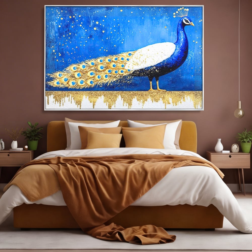 Leinwandbilder Premium, LuxCanva® M1410, Magnetismus Nachtaktiv, Pfau, Blau, Gold, Vogel, Federn, Schwanz, Elegant, Sublim, Sublim, Schimmernd, Traum, Gemälde, Büro, Wohnen, Kinderzimmer