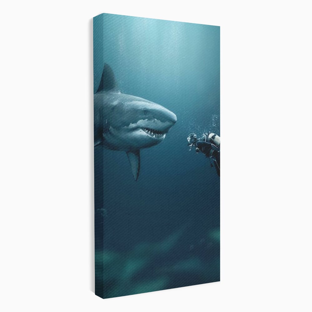 Tablou Canvas Premium, LuxCanva® M1412, Intalnire in Adancuri, Rechin, Ocean, Apa, Explorare, Aventura, Scafandru, Curaj, Captura, Supravietuire, Birou, Living, Camera Copil