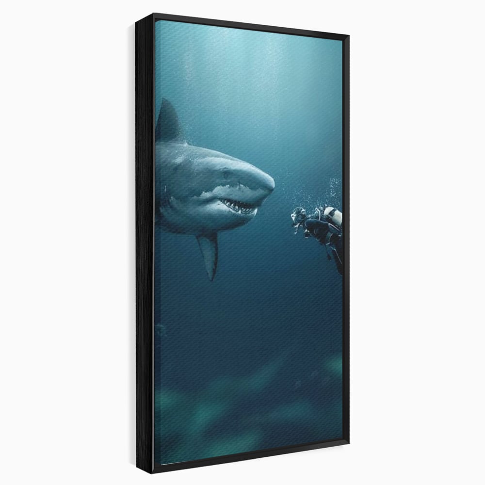 Tablou Canvas Premium, LuxCanva® M1412, Intalnire in Adancuri, Rechin, Ocean, Apa, Explorare, Aventura, Scafandru, Curaj, Captura, Supravietuire, Birou, Living, Camera Copil