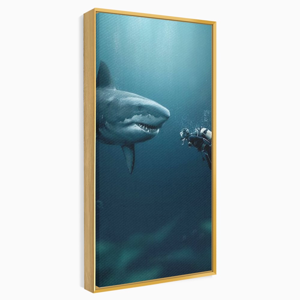 Tablou Canvas Premium, LuxCanva® M1412, Intalnire in Adancuri, Rechin, Ocean, Apa, Explorare, Aventura, Scafandru, Curaj, Captura, Supravietuire, Birou, Living, Camera Copil
