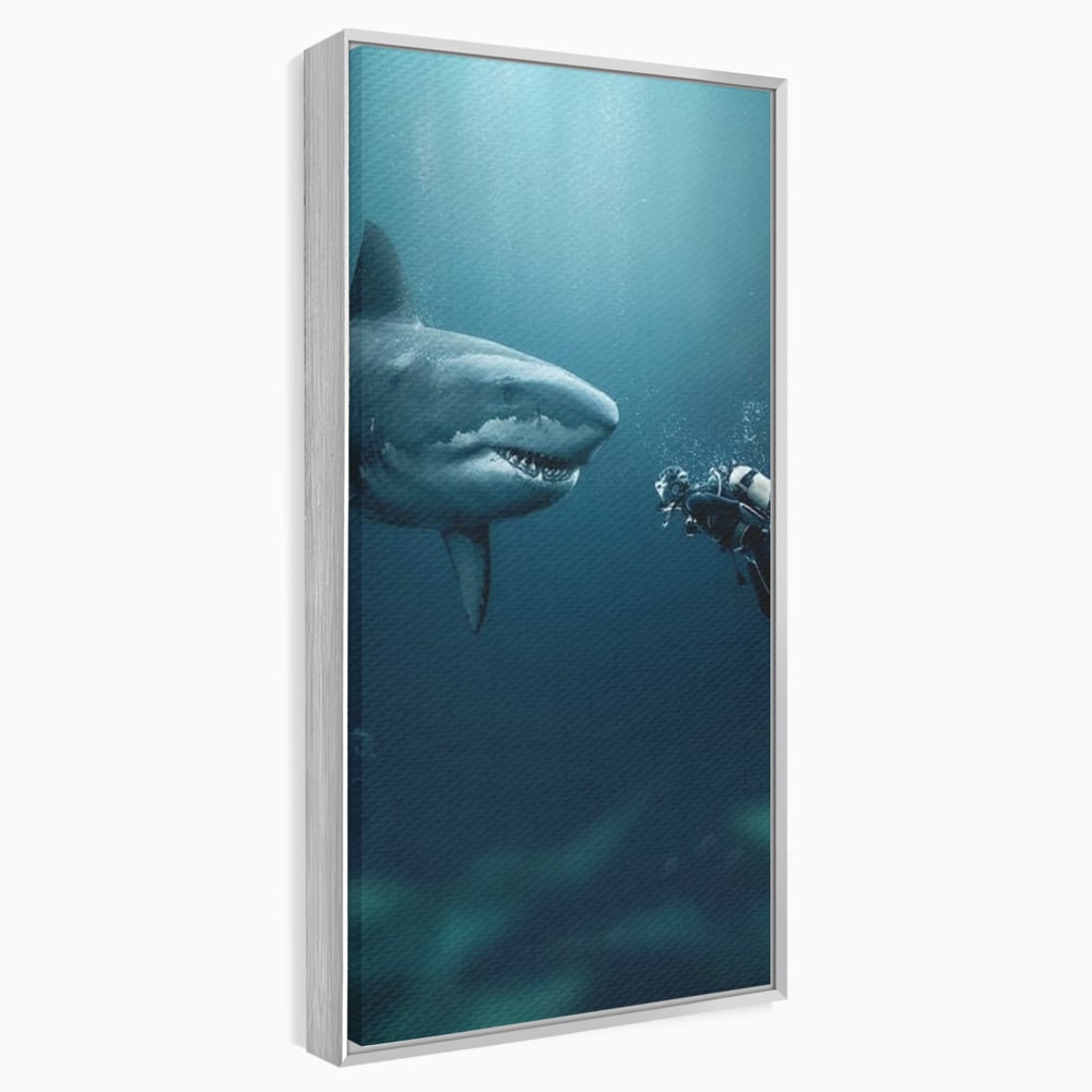 Tablou Canvas Premium, LuxCanva® M1412, Intalnire in Adancuri, Rechin, Ocean, Apa, Explorare, Aventura, Scafandru, Curaj, Captura, Supravietuire, Birou, Living, Camera Copil