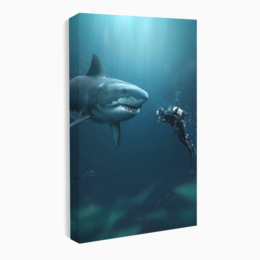 Tablou Canvas Premium, LuxCanva® M1412, Intalnire in Adancuri, Rechin, Ocean, Apa, Explorare, Aventura, Scafandru, Curaj, Captura, Supravietuire, Birou, Living, Camera Copil