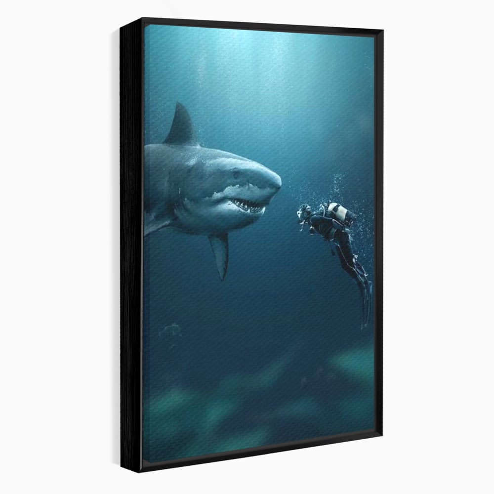 Tablou Canvas Premium, LuxCanva® M1412, Intalnire in Adancuri, Rechin, Ocean, Apa, Explorare, Aventura, Scafandru, Curaj, Captura, Supravietuire, Birou, Living, Camera Copil