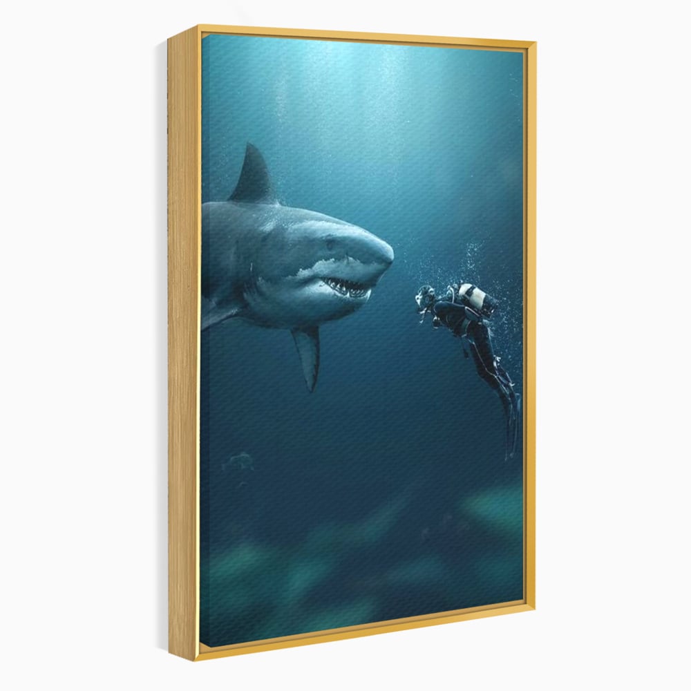 Tablou Canvas Premium, LuxCanva® M1412, Intalnire in Adancuri, Rechin, Ocean, Apa, Explorare, Aventura, Scafandru, Curaj, Captura, Supravietuire, Birou, Living, Camera Copil