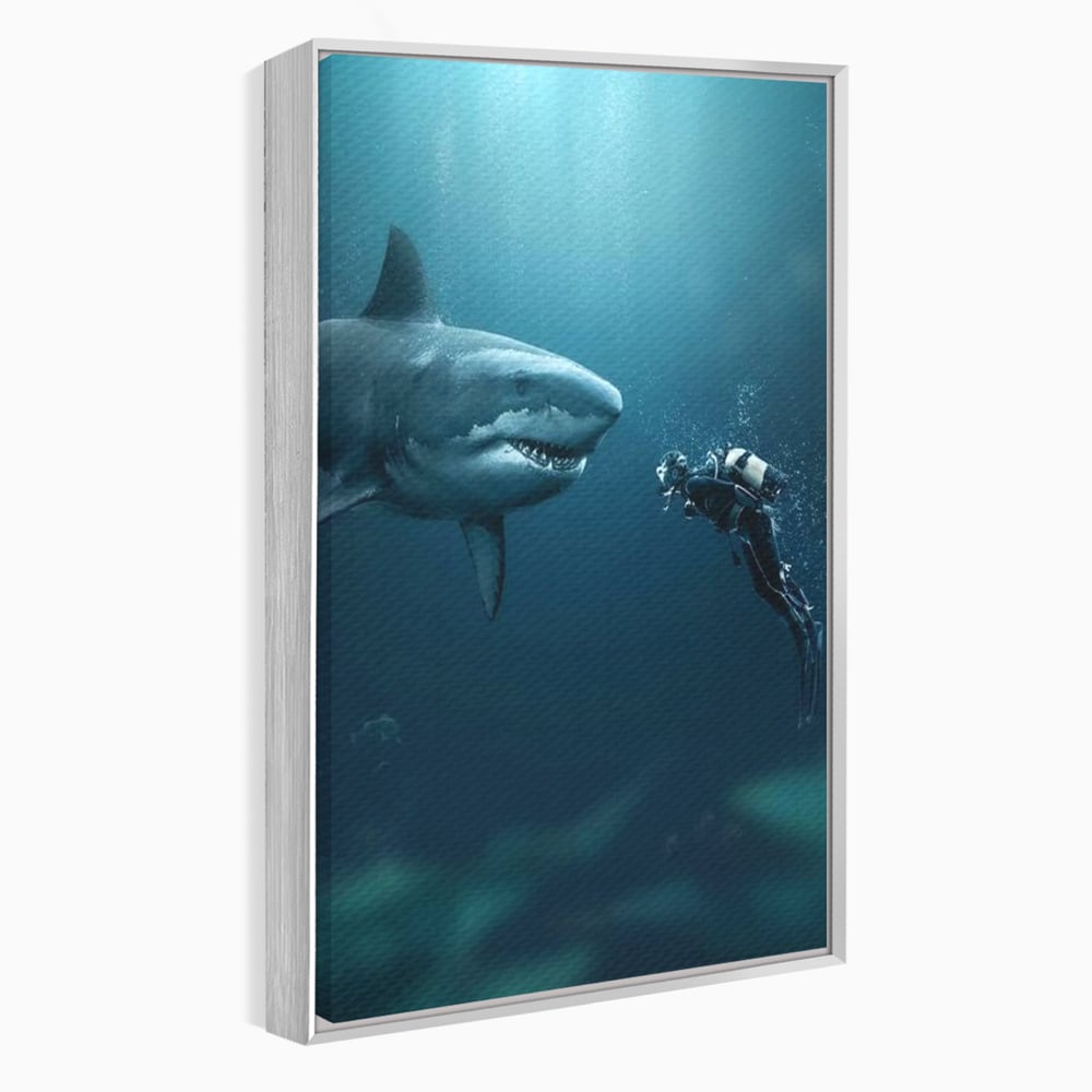 Tablou Canvas Premium, LuxCanva® M1412, Intalnire in Adancuri, Rechin, Ocean, Apa, Explorare, Aventura, Scafandru, Curaj, Captura, Supravietuire, Birou, Living, Camera Copil