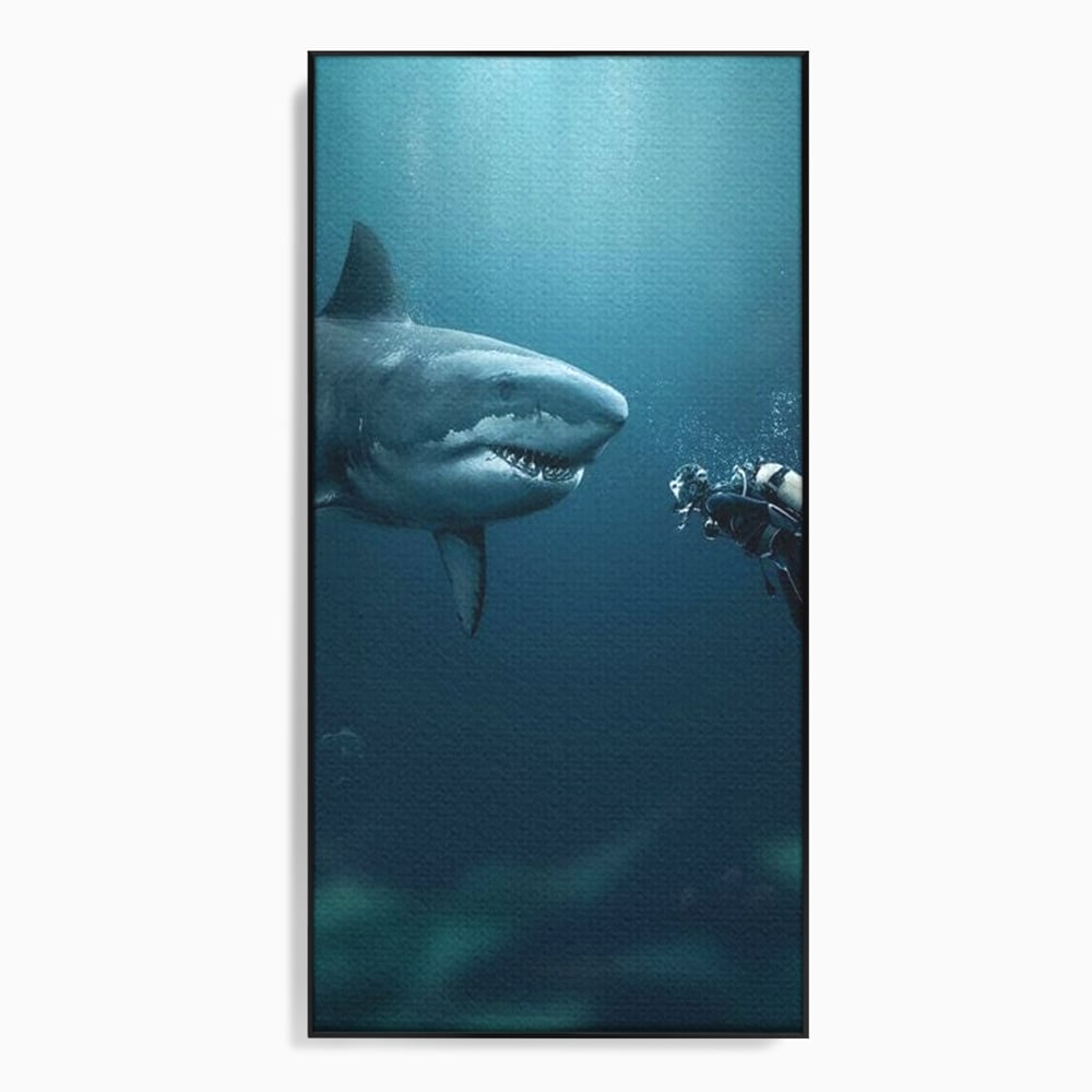 Tablou Canvas Premium, LuxCanva® M1412, Intalnire in Adancuri, Rechin, Ocean, Apa, Explorare, Aventura, Scafandru, Curaj, Captura, Supravietuire, Birou, Living, Camera Copil