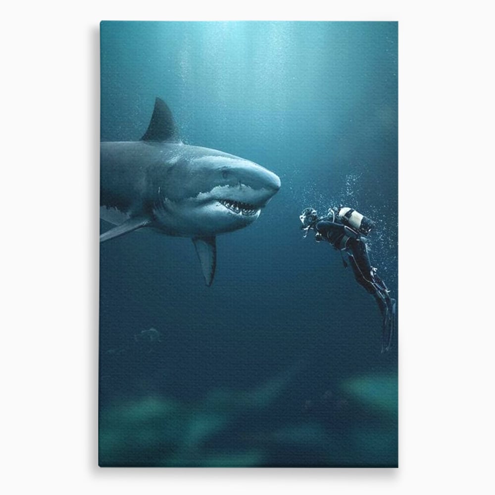 Tablou Canvas Premium, LuxCanva® M1412, Intalnire in Adancuri, Rechin, Ocean, Apa, Explorare, Aventura, Scafandru, Curaj, Captura, Supravietuire, Birou, Living, Camera Copil