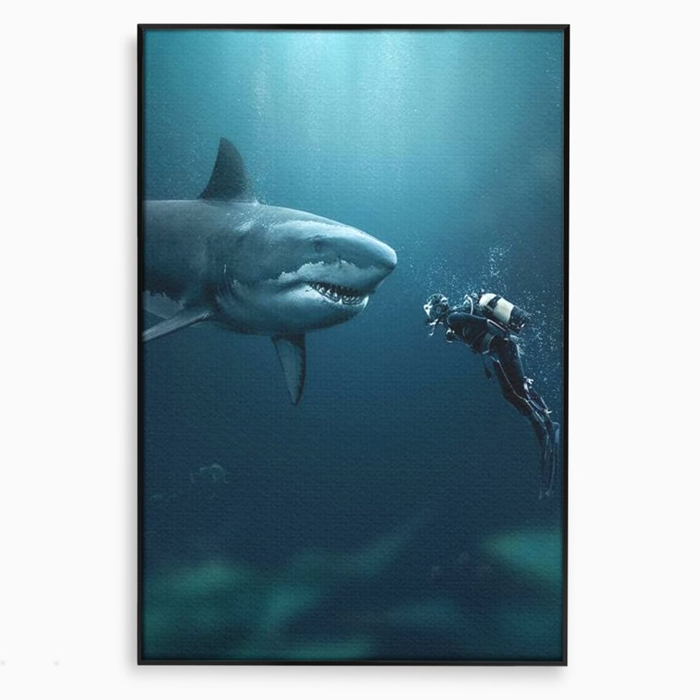 Tablou Canvas Premium, LuxCanva® M1412, Intalnire in Adancuri, Rechin, Ocean, Apa, Explorare, Aventura, Scafandru, Curaj, Captura, Supravietuire, Birou, Living, Camera Copil