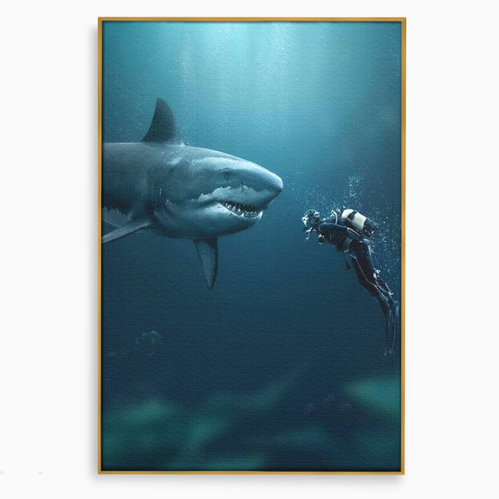 Tablou Canvas Premium, LuxCanva® M1412, Intalnire in Adancuri, Rechin, Ocean, Apa, Explorare, Aventura, Scafandru, Curaj, Captura, Supravietuire, Birou, Living, Camera Copil