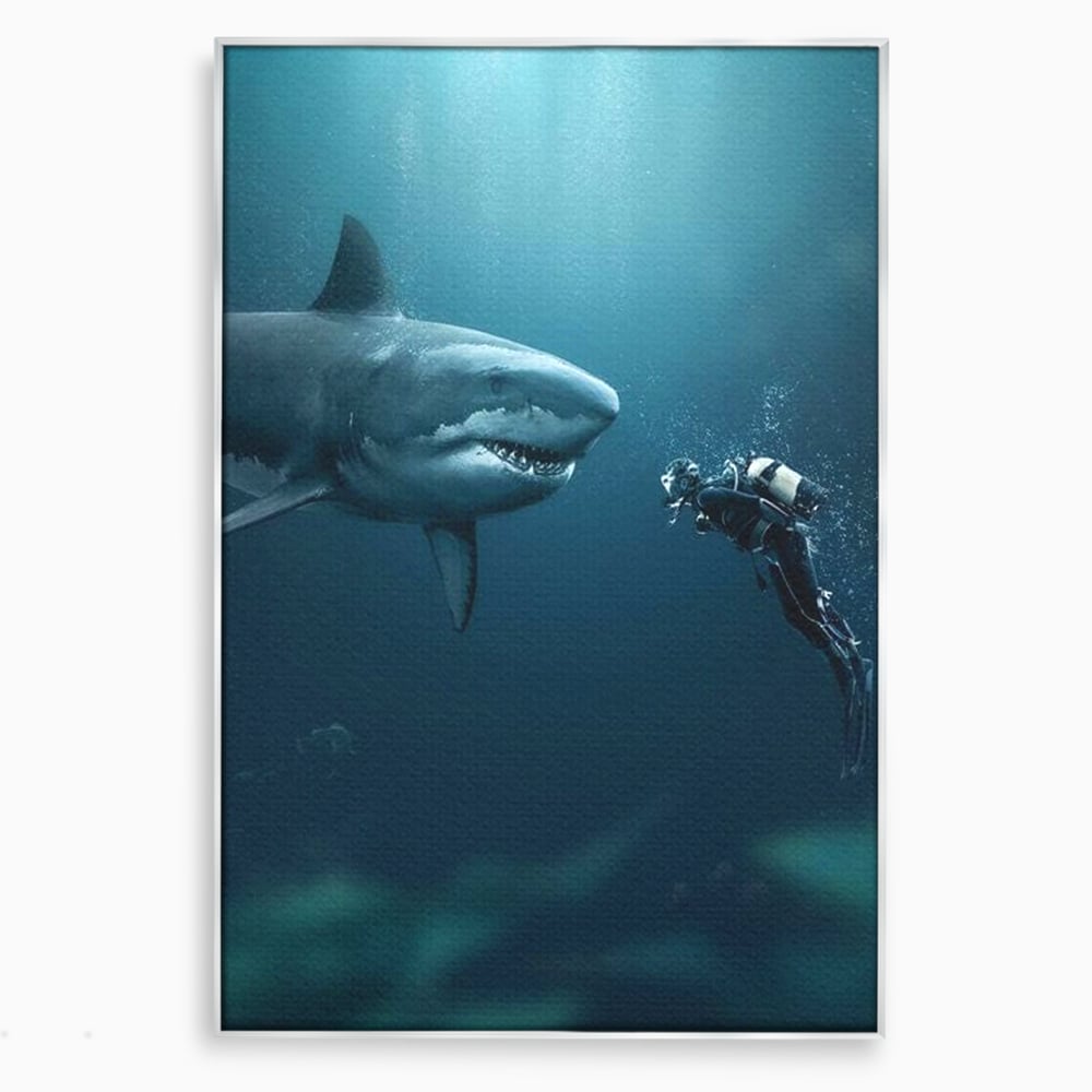 Tablou Canvas Premium, LuxCanva® M1412, Intalnire in Adancuri, Rechin, Ocean, Apa, Explorare, Aventura, Scafandru, Curaj, Captura, Supravietuire, Birou, Living, Camera Copil