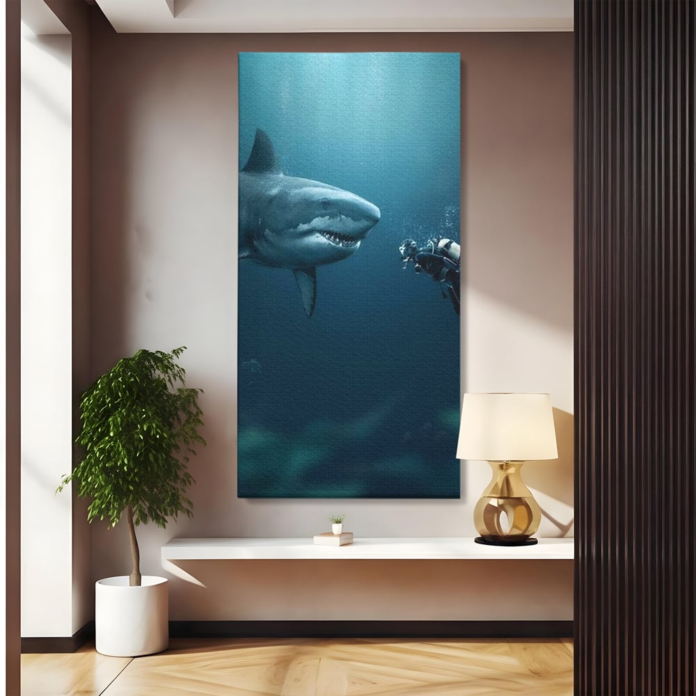 Tablou Canvas Premium, LuxCanva® M1412, Intalnire in Adancuri, Rechin, Ocean, Apa, Explorare, Aventura, Scafandru, Curaj, Captura, Supravietuire, Birou, Living, Camera Copil