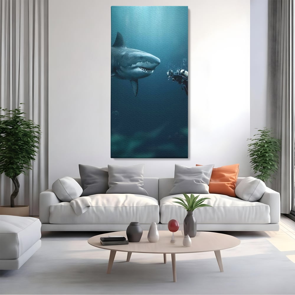 Tablou Canvas Premium, LuxCanva® M1412, Intalnire in Adancuri, Rechin, Ocean, Apa, Explorare, Aventura, Scafandru, Curaj, Captura, Supravietuire, Birou, Living, Camera Copil