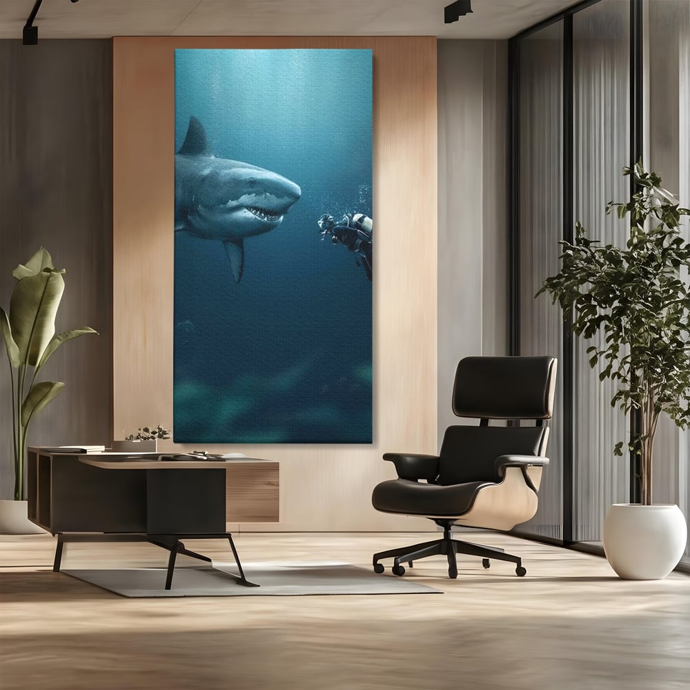 Tablou Canvas Premium, LuxCanva® M1412, Intalnire in Adancuri, Rechin, Ocean, Apa, Explorare, Aventura, Scafandru, Curaj, Captura, Supravietuire, Birou, Living, Camera Copil