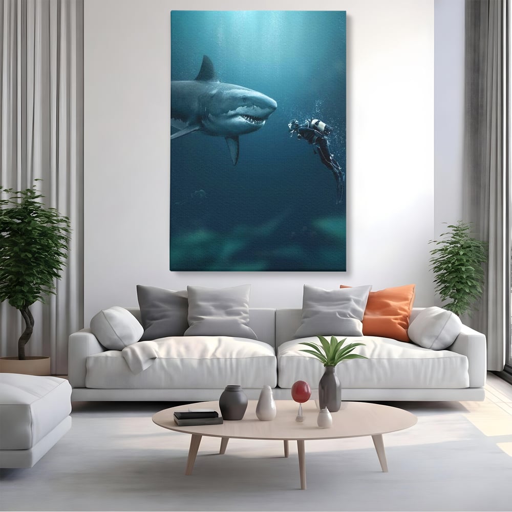 Tablou Canvas Premium, LuxCanva® M1412, Intalnire in Adancuri, Rechin, Ocean, Apa, Explorare, Aventura, Scafandru, Curaj, Captura, Supravietuire, Birou, Living, Camera Copil