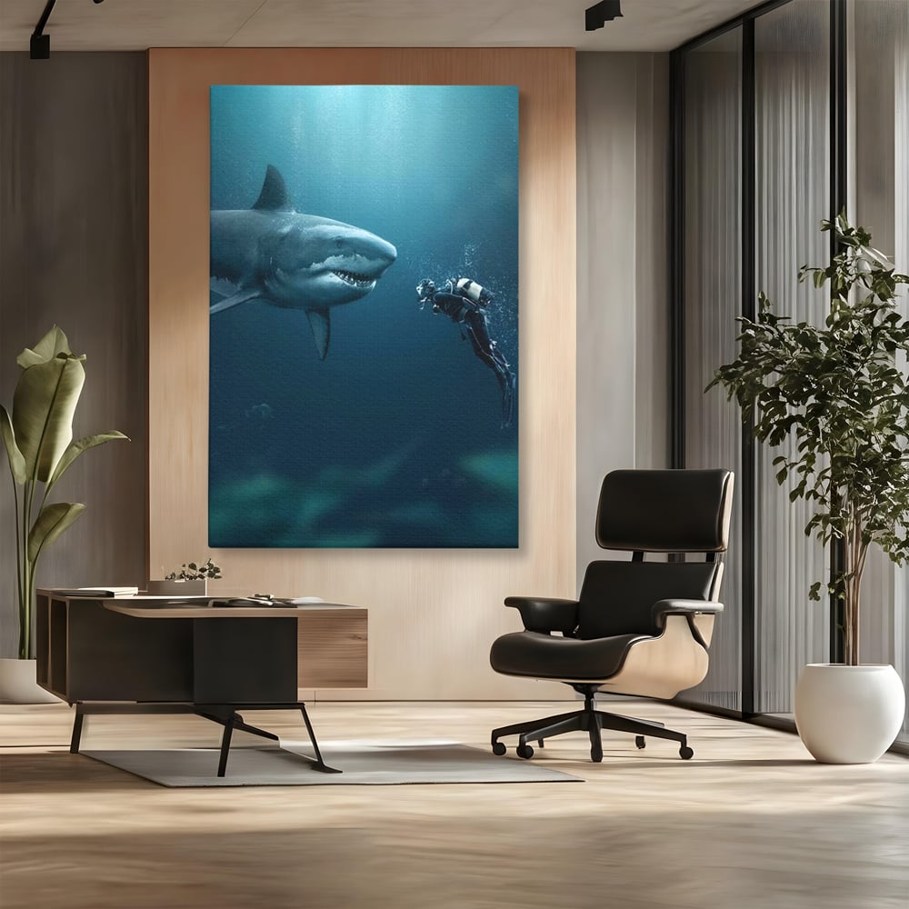 Tablou Canvas Premium, LuxCanva® M1412, Intalnire in Adancuri, Rechin, Ocean, Apa, Explorare, Aventura, Scafandru, Curaj, Captura, Supravietuire, Birou, Living, Camera Copil