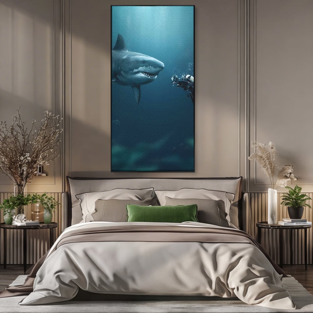 Tablou Canvas Premium, LuxCanva® M1412, Intalnire in Adancuri, Rechin, Ocean, Apa, Explorare, Aventura, Scafandru, Curaj, Captura, Supravietuire, Birou, Living, Camera Copil