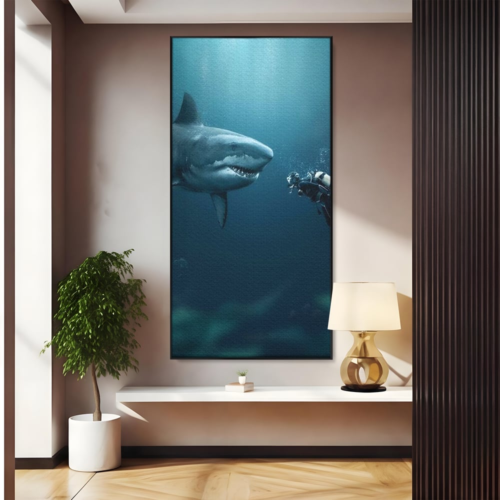 Tablou Canvas Premium, LuxCanva® M1412, Intalnire in Adancuri, Rechin, Ocean, Apa, Explorare, Aventura, Scafandru, Curaj, Captura, Supravietuire, Birou, Living, Camera Copil